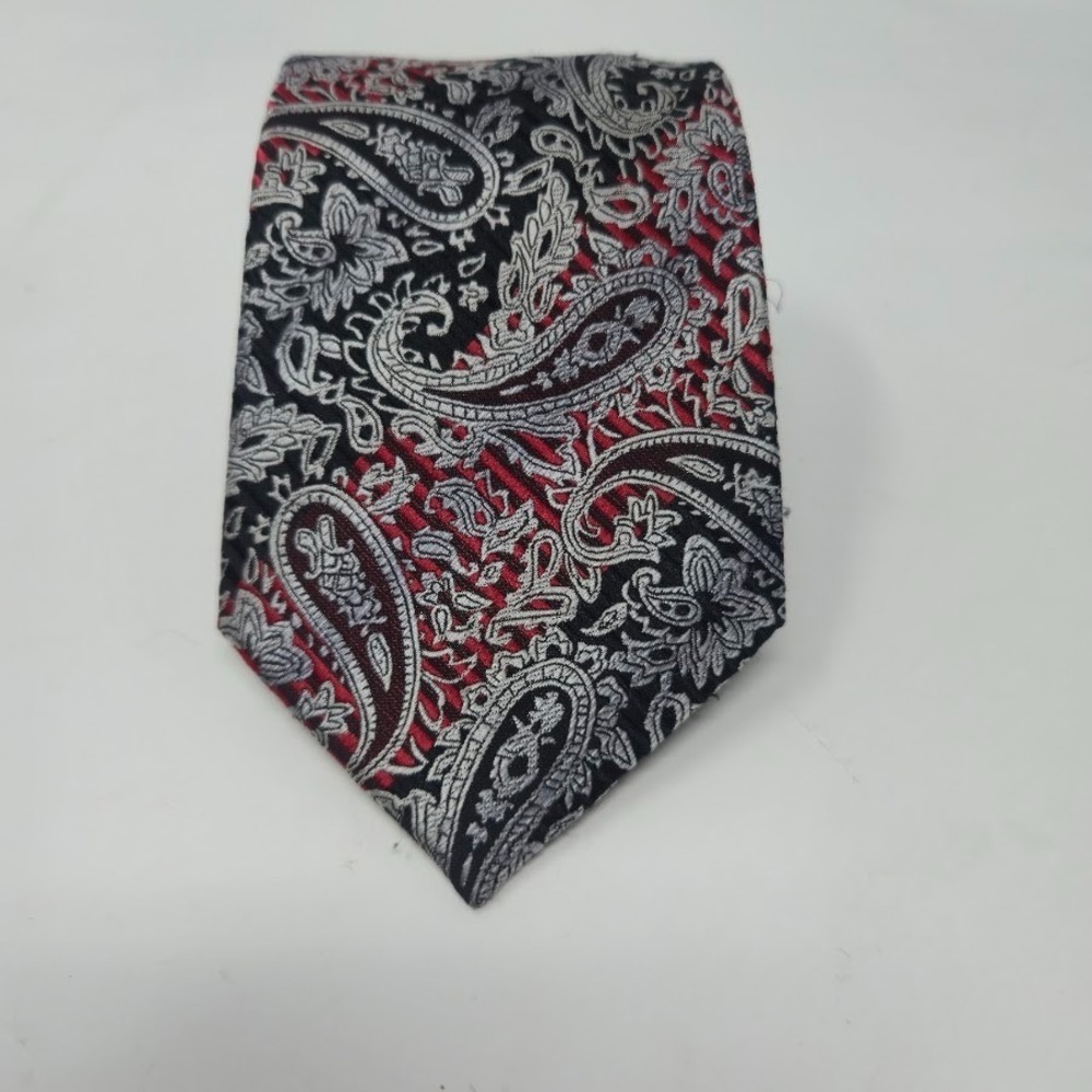 Barry.Wang Black, Silver, and Crimson Jacquard Paisley 100% Silk Tie